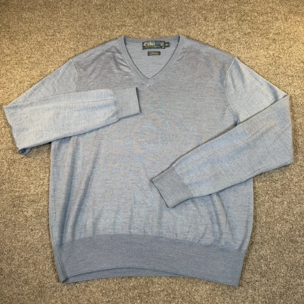 Polo Ralph Lauren Mens XL Blue Merino Wool Silk Cashmere V-Neck Sweater #3098